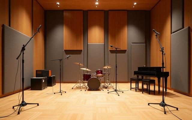 Amplia sala de grabación con difusores acústicos, microfonía y batería.