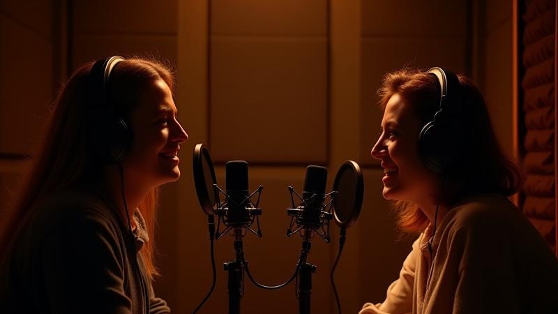 Personas grabando un podcast en un estudio profesional con micrófonos de alta calidad.