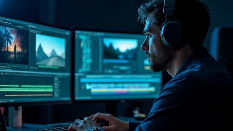 Diseñador de sonido trabajando en su estación de trabajo con múltiples pantallas y equipo de audio.